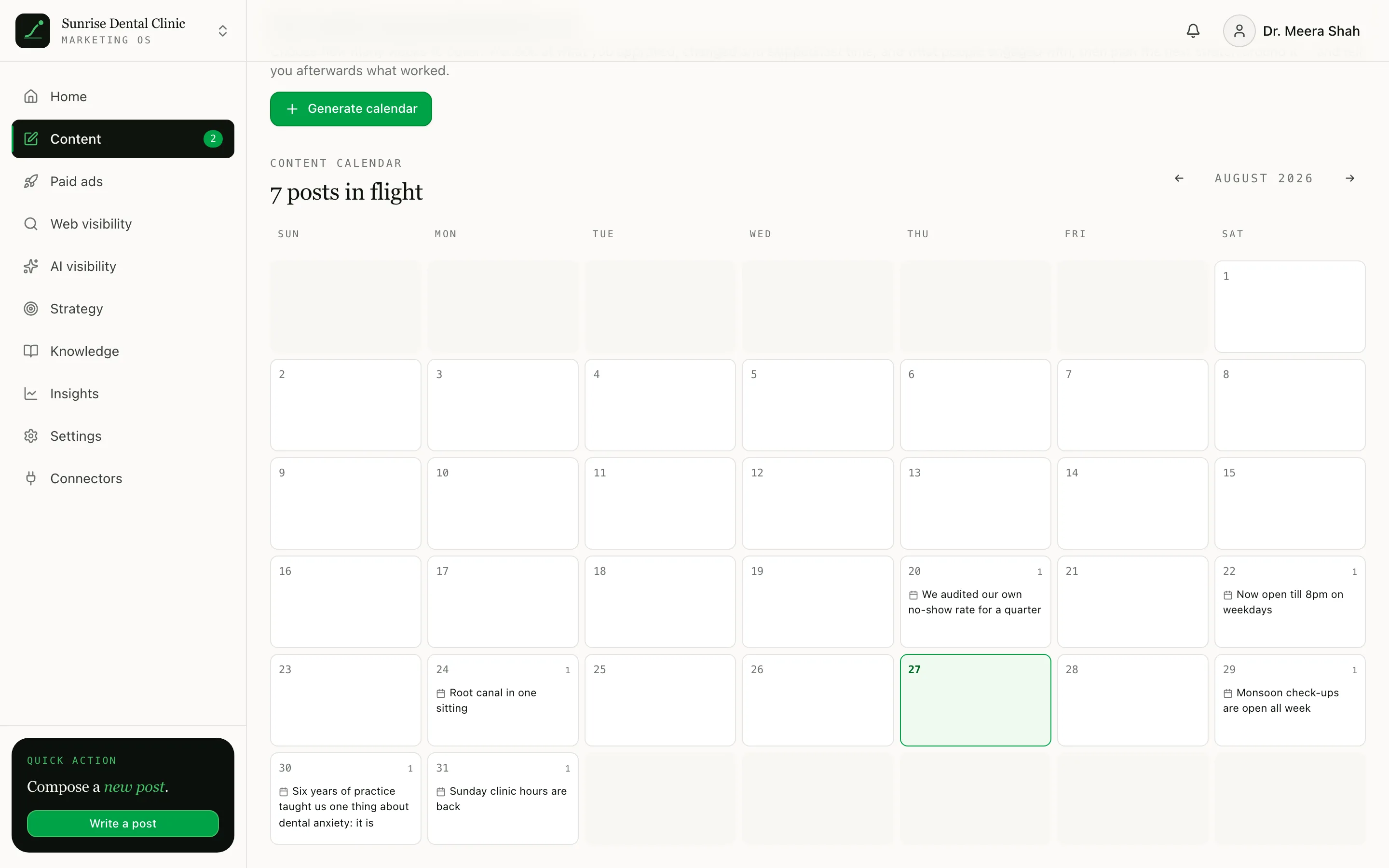 The content calendar inside Sunbots Marketing, showing a month grid with scheduled posts across Instagram, Facebook, LinkedIn and Google Business.