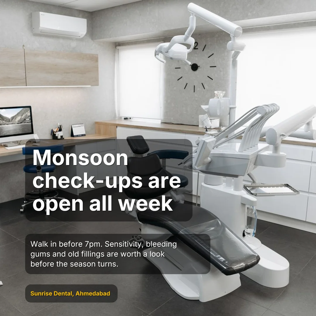The drafted post: a photograph of the clinic, headlined "Monsoon check-ups are open all week", with the clinic's name underneath.