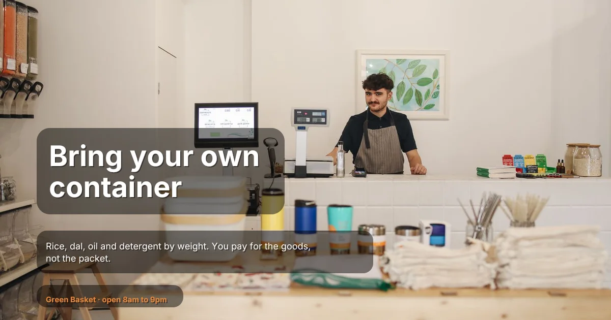 An example Sunbots post for a refill grocery store, headlined “Bring your own container”, over a photo of the shop counter.