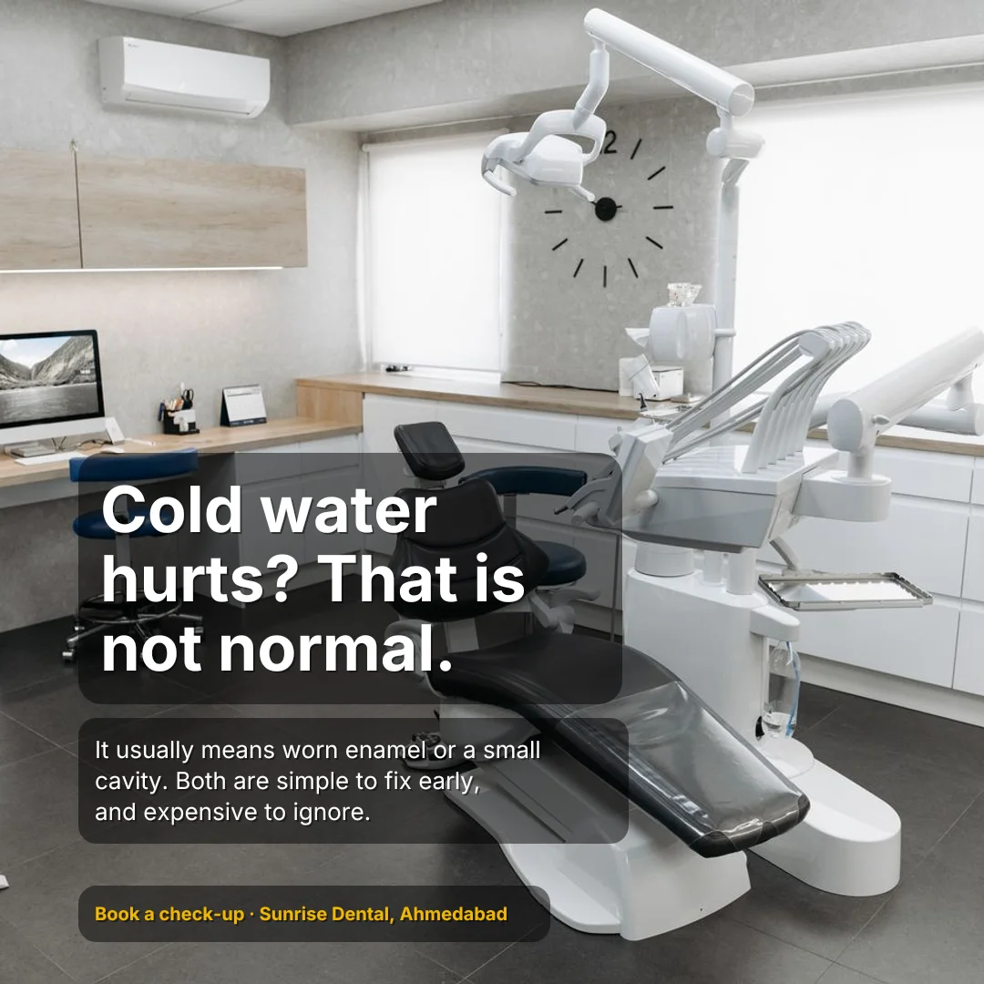 Example Instagram post made for a sample dental clinic, headlined “Cold water hurts? That is not normal.”