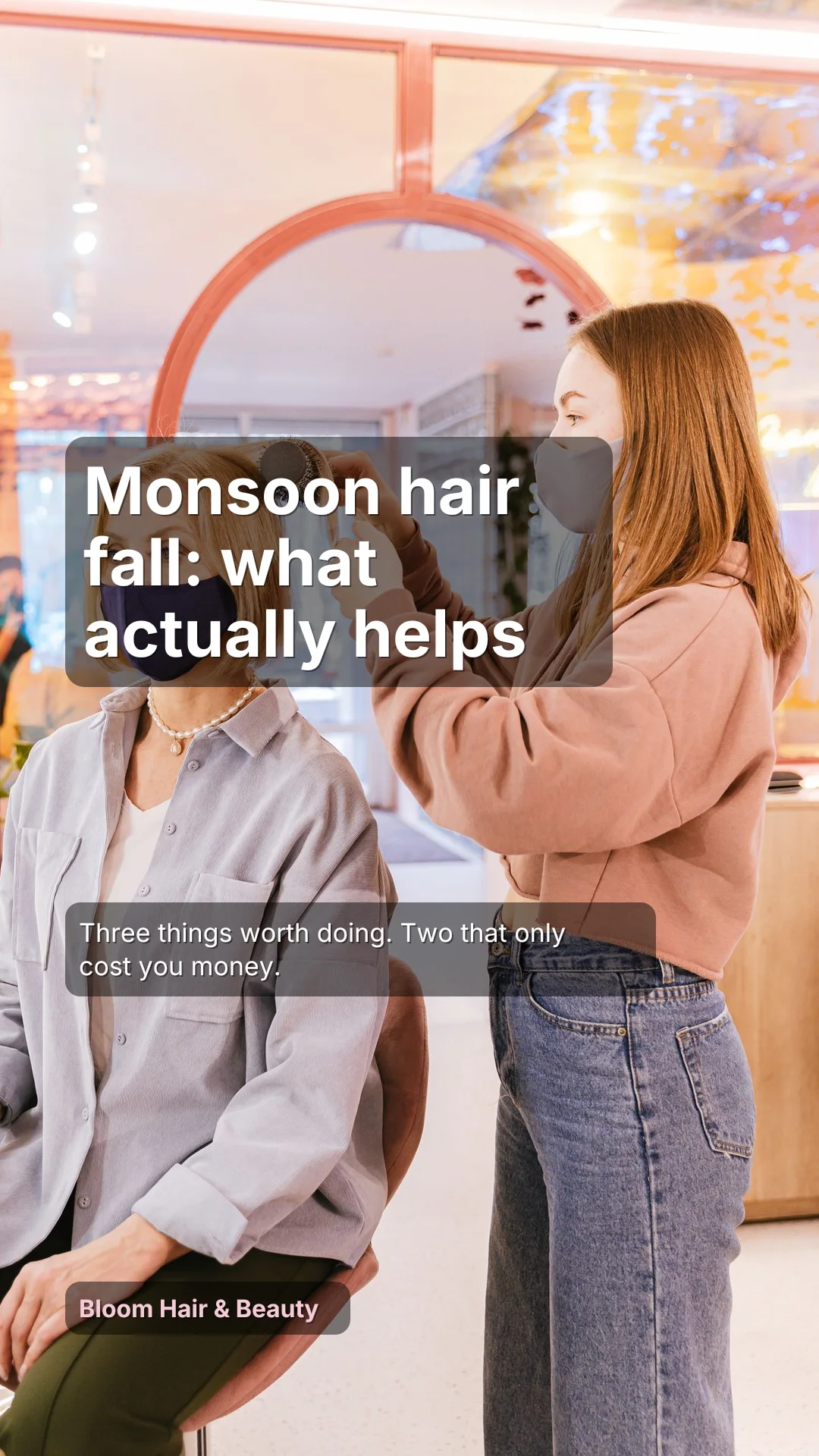 Example vertical reel cover made for a sample hair salon, headlined “Monsoon hair fall: what actually helps”.