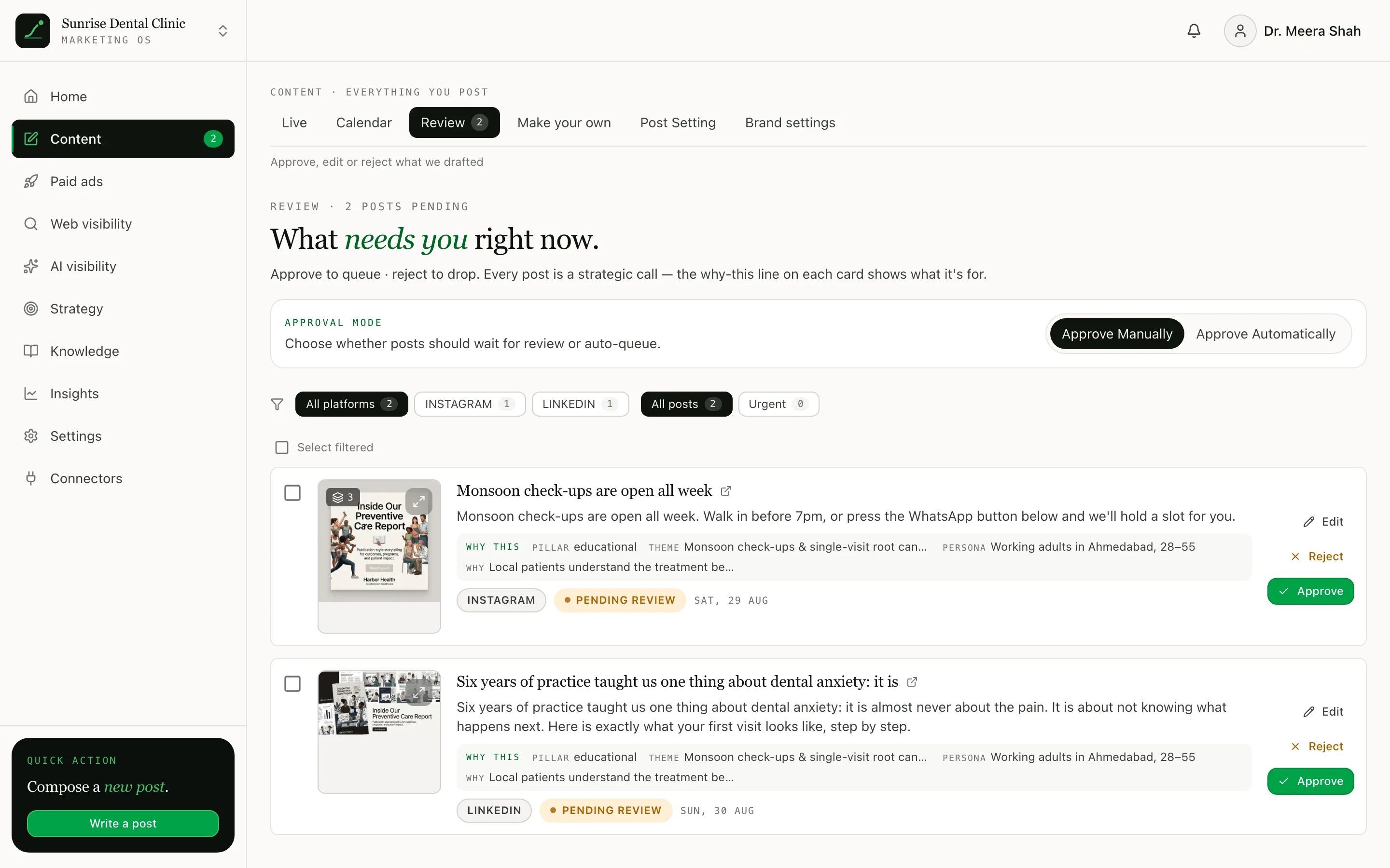 The Sunbots review queue, shown here for a sample dental clinic: two drafted posts waiting, each with Approve, Edit and Reject buttons.